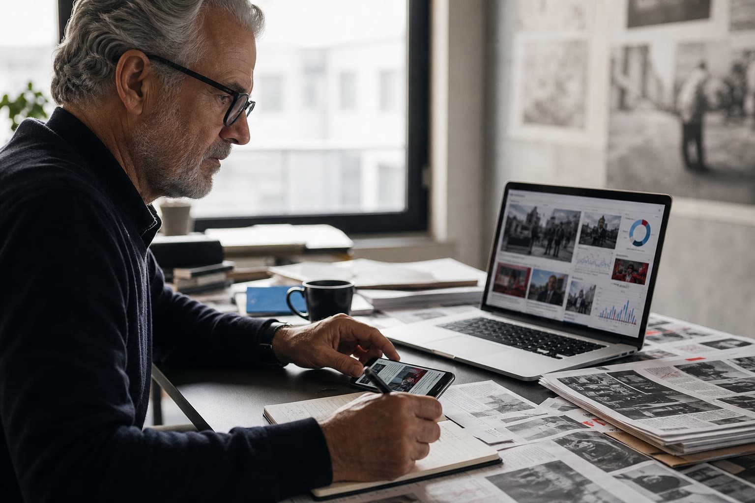 Communications strategist reviewing news, social signals and press coverage