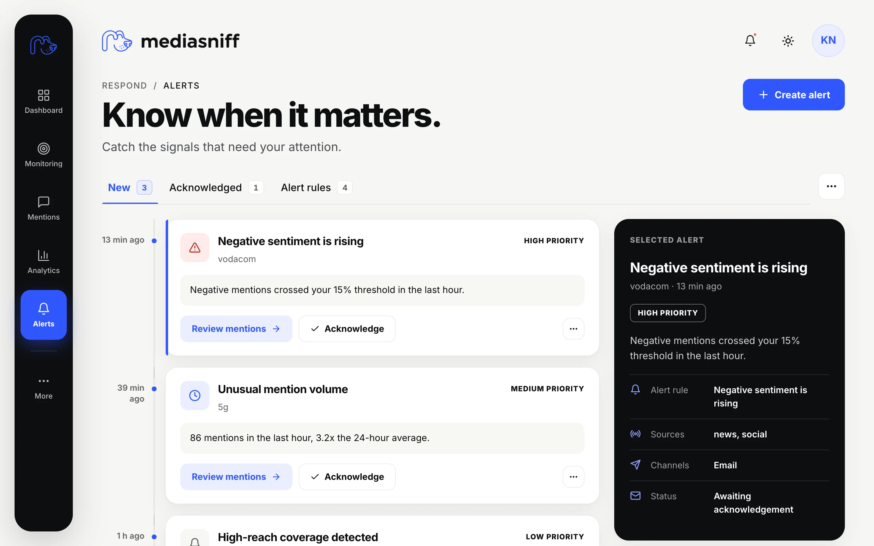 MediaSniff alerts timeline with a selected alert detail card